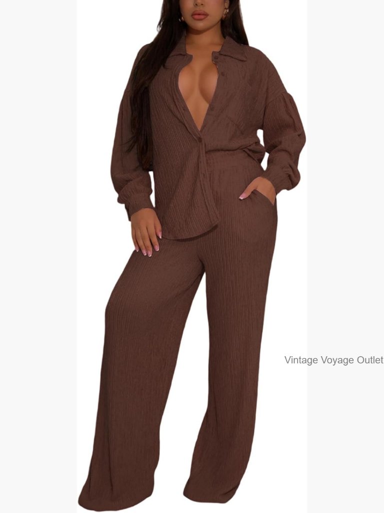 Women's 2-Piece Set Long Sleeve Button-Down Shirt & Wide Leg Pants